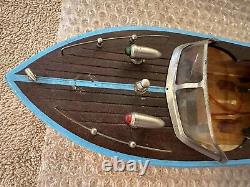 Vintage Wooden Model Boat with Electric Famous Motor Untested