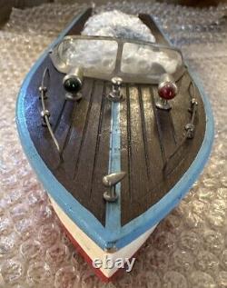 Vintage Wooden Model Boat with Electric Famous Motor Untested