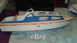 Vintage circa 1960s wooden RC model boat project with new. 15 OS engine