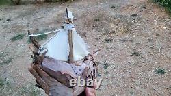 Vintage driftwood boat, wood sailing ship, sailor decor, WOODEN BOAT MODEL