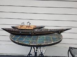 Vintage mid century Tonga souvenir wood catamaran boat model + balance boaters