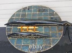 Vintage mid century Tonga souvenir wood catamaran boat model + balance boaters