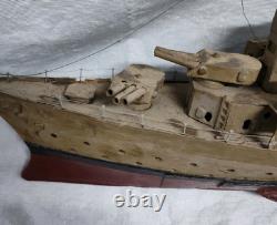 Vtg WWII USS New Orleans Cruiser FOLK ART Toy WOOD BOAT Handmade Model Warship