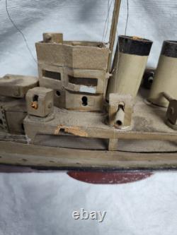 Vtg WWII USS New Orleans Cruiser FOLK ART Toy WOOD BOAT Handmade Model Warship
