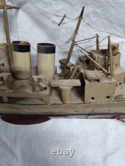 Vtg WWII USS New Orleans Cruiser FOLK ART Toy WOOD BOAT Handmade Model Warship