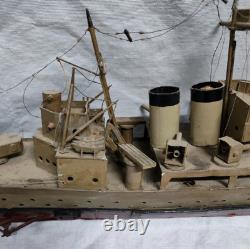 Vtg WWII USS New Orleans Cruiser FOLK ART Toy WOOD BOAT Handmade Model Warship
