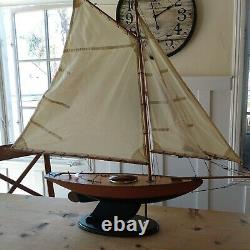 Vtg Wood Pond Model Yacht Ship Boat Sailboat Navy Blue Nautical Coastal Schooner