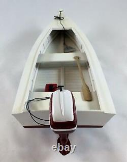 Wooden Skiff Boat Model with Johnson Outboard Motor and Gas Tank