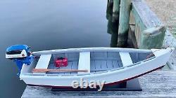 Wooden Skiff Model, With Miniature Blue Evinrude Outboard, For Crabbing &fishing