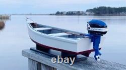 Wooden Skiff Model, With Miniature Blue Evinrude Outboard, For Crabbing &fishing