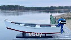 Wooden Skiff Model, With Miniature Blue Evinrude Outboard, For Crabbing &fishing