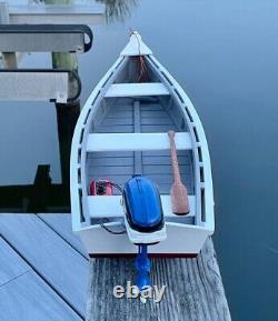 Wooden Skiff Model, With Miniature Blue Evinrude Outboard, For Crabbing &fishing