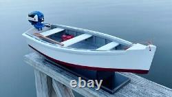Wooden Skiff Model, With Miniature Blue Evinrude Outboard, For Crabbing &fishing
