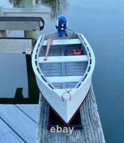 Wooden Skiff Model, With Miniature Blue Evinrude Outboard, For Crabbing &fishing