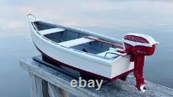 Wooden Skiff Model, With Miniature Red Johnson Outboard, For Crabbing & Fishing