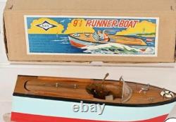 Bateau à moteur en bois vintage des années 1950, jouet fabriqué au Japon avec sa boîte d'origine
