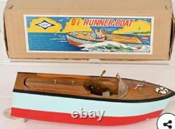 Bateau à moteur en bois vintage des années 1950, jouet fabriqué au Japon avec sa boîte d'origine