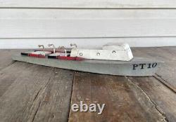 Bateau en bois vintage FOLK ART jouet modèle fait à la main bateau de guerre PT10 torpilleur marine
