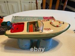 Bateau jouet modèle à batterie Vtg Fleet Line Spray King années 50 Japon boîte impeccable