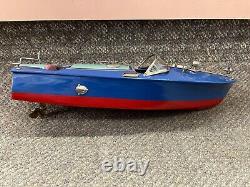 Bateau-modèle en bois vintage rare bleu et rouge fabriqué au Japon, fonctionnant sur batterie.