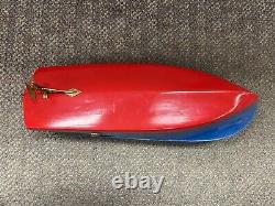 Bateau-modèle en bois vintage rare bleu et rouge fabriqué au Japon, fonctionnant sur batterie.