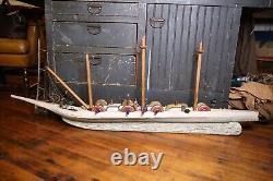 Bateau modèle vintage en bois, bateau pirate d'art populaire avec canons - 58 pièces à réparer, ancien