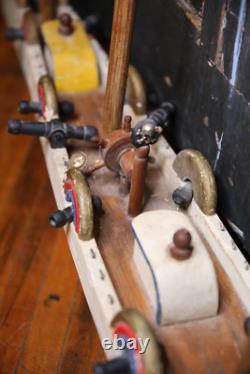 Bateau modèle vintage en bois, navire d'art populaire, canon de bateau pirate, 58 pièces, réparation ancien