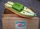 Bateau Moteur Vintage Ito G4 Cruiser Modèle Jouet En Bois Vert Dans Sa Boîte D'origine Années 1950