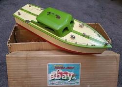 Bateau moteur vintage ITO G4 Cruiser modèle jouet en bois vert dans sa boîte d'origine années 1950