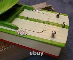 Bateau moteur vintage ITO G4 Cruiser modèle jouet en bois vert dans sa boîte d'origine années 1950