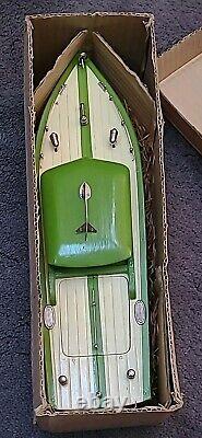 Bateau moteur vintage ITO G4 Cruiser modèle jouet en bois vert dans sa boîte d'origine années 1950