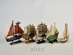 Lot de 5 modèles de navires à voile en bois faits main, grand bateau, décor nautique