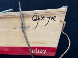 MODELE DE CANOT EN BOIS 18, FAIT MAIN, PEINT À LA MAIN AVEC ANCRE, PAGAI, CORDAGE ET SUPPORT