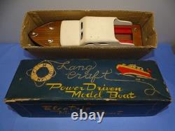 Maquette de bateau en bois à propulsion mécanique LANG CRAFT japonais des années 1950, dans sa boîte
