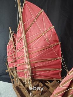 Maquette de bateau jonque chinois en bois, artisanale, vintage des années 1950, 24 pouces