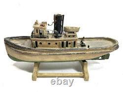 Maquette miniature en bois d’art populaire antique de remorqueur, 9e, XIXe s., bateau DETROIT ELLA, patine