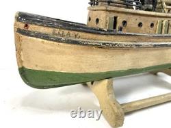 Maquette miniature en bois d’art populaire antique de remorqueur, 9e, XIXe s., bateau DETROIT ELLA, patine