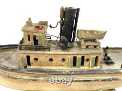 Maquette miniature en bois d’art populaire antique de remorqueur, 9e, XIXe s., bateau DETROIT ELLA, patine