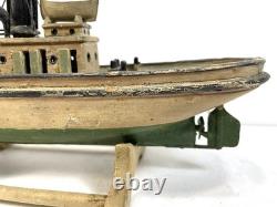 Maquette miniature en bois d’art populaire antique de remorqueur, 9e, XIXe s., bateau DETROIT ELLA, patine