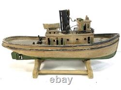 Maquette miniature en bois d’art populaire antique de remorqueur, 9e, XIXe s., bateau DETROIT ELLA, patine