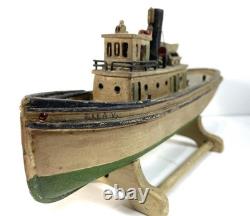 Maquette miniature en bois d’art populaire antique de remorqueur, 9e, XIXe s., bateau DETROIT ELLA, patine