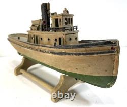 Maquette miniature en bois d’art populaire antique de remorqueur, 9e, XIXe s., bateau DETROIT ELLA, patine