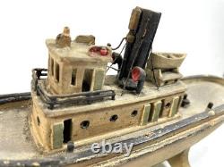 Maquette miniature en bois d’art populaire antique de remorqueur, 9e, XIXe s., bateau DETROIT ELLA, patine