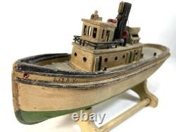 Maquette miniature en bois d’art populaire antique de remorqueur, 9e, XIXe s., bateau DETROIT ELLA, patine