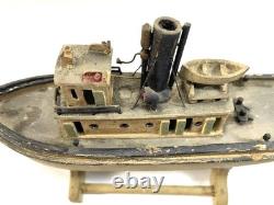 Maquette miniature en bois d’art populaire antique de remorqueur, 9e, XIXe s., bateau DETROIT ELLA, patine