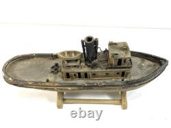 Maquette miniature en bois d’art populaire antique de remorqueur, 9e, XIXe s., bateau DETROIT ELLA, patine