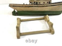 Maquette miniature en bois d’art populaire antique de remorqueur, 9e, XIXe s., bateau DETROIT ELLA, patine