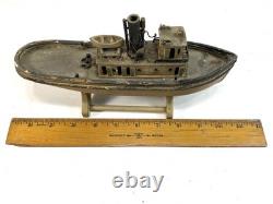 Maquette miniature en bois d’art populaire antique de remorqueur, 9e, XIXe s., bateau DETROIT ELLA, patine
