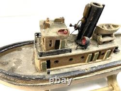 Maquette miniature en bois d’art populaire antique de remorqueur, 9e, XIXe s., bateau DETROIT ELLA, patine
