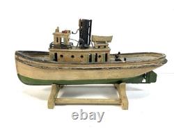 Maquette miniature en bois d’art populaire antique de remorqueur, 9e, XIXe s., bateau DETROIT ELLA, patine